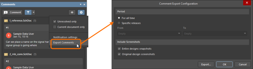 Accessing the Comment Export Configuration dialog from the Comments panel.