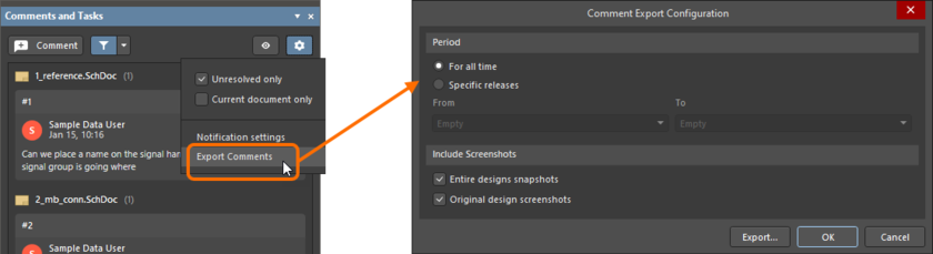 Accessing the Comment Export Configuration dialog from the Comments and Tasks panel.