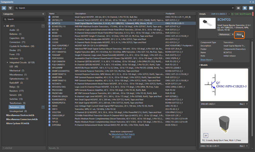 Components panel, placing from component details pane