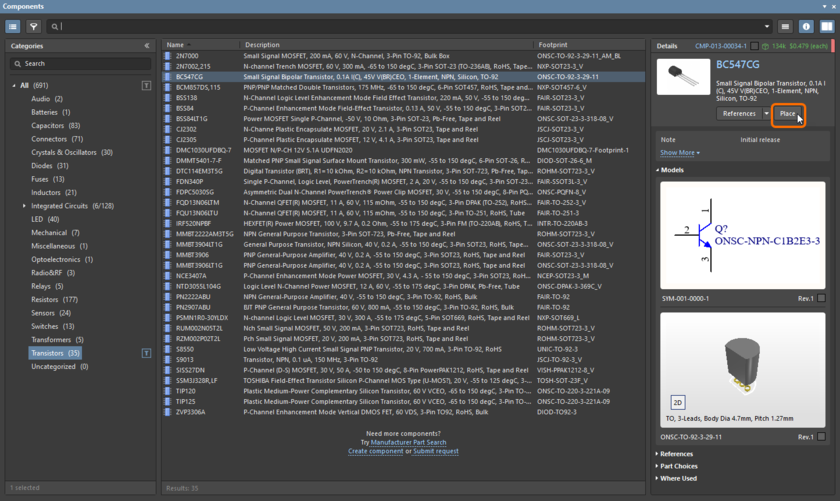 Components panel, placing from component details pane