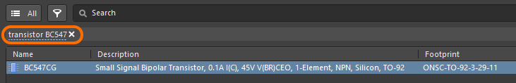 Components panel, searching for a transistor