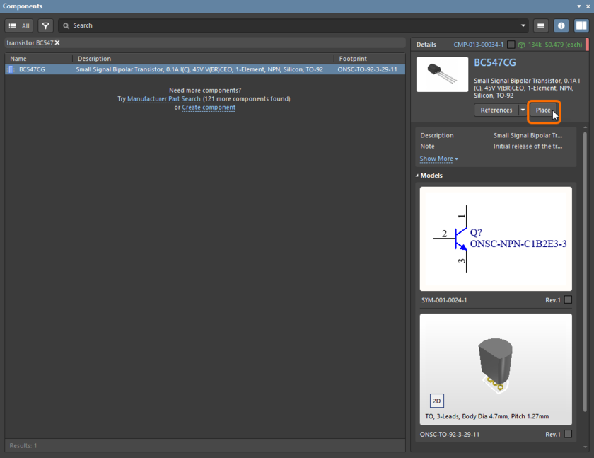 Components panel, transistor placement