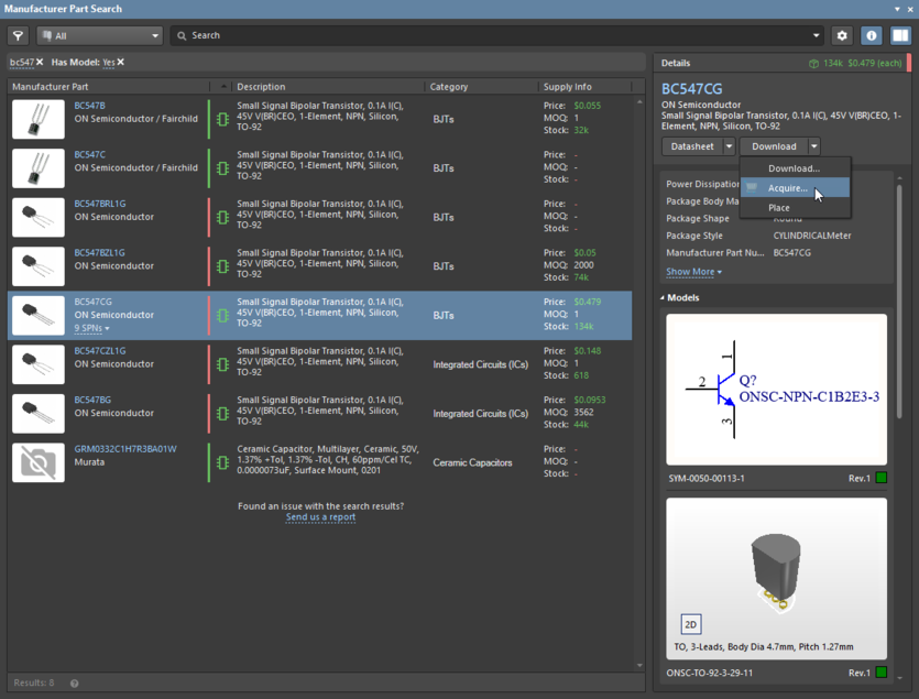 Manufacturer Part Search panel, acquiring from component details pane