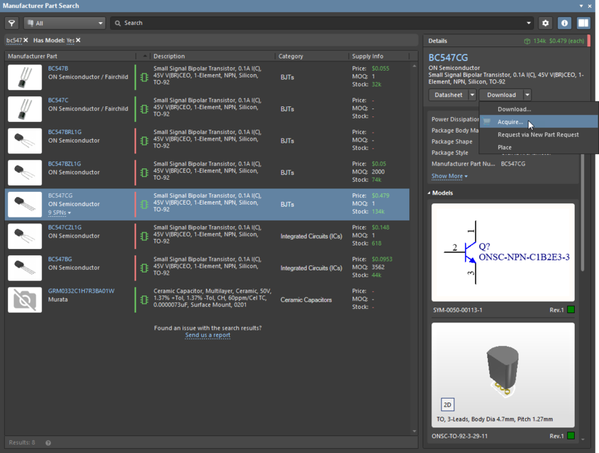 Manufacturer Part Search panel, acquiring from component details pane