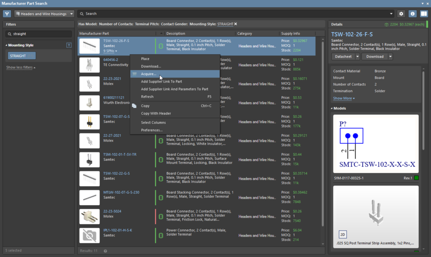 Manufacturer Part Search panel, right-click to acquire selected part