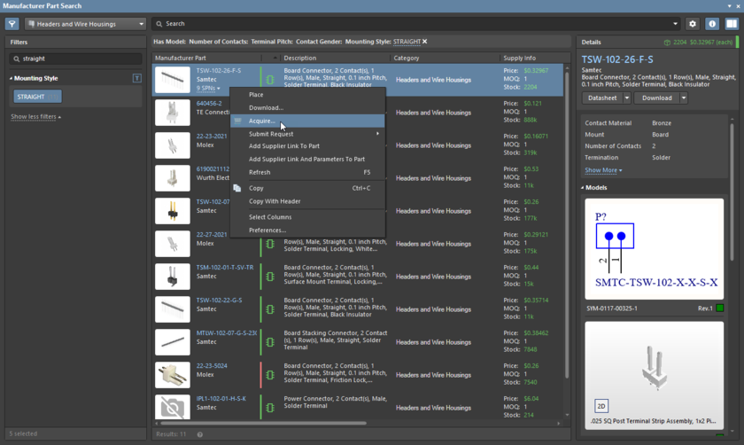 Manufacturer Part Search panel, right-click to acquire selected part