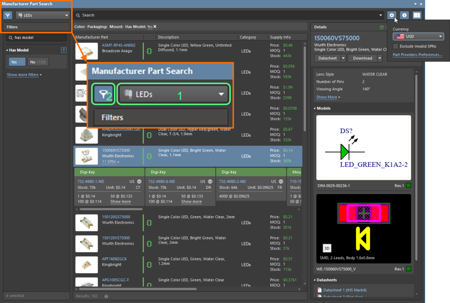 Manufacturer Parts Search panel, faceted search
