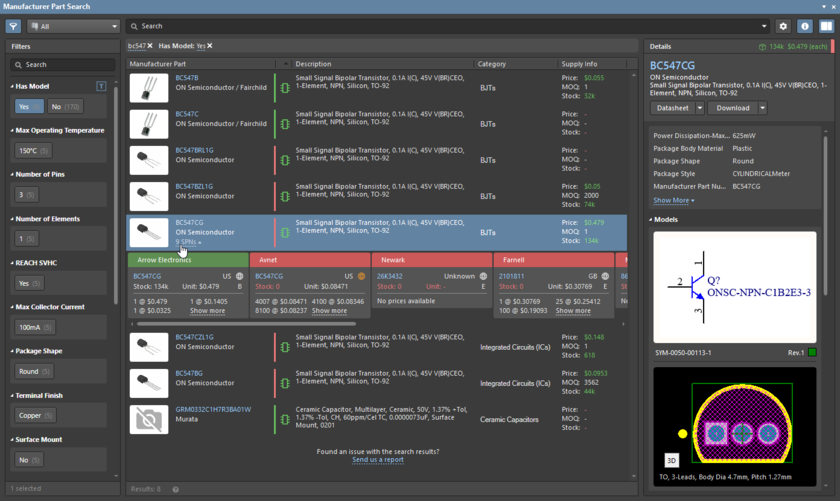 Manufacturer Part Search panel, faceted search results