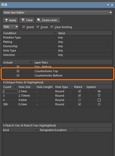The Counterholes Top and Counterholes Bottom groups in the Hole Size Editor mode of the PCB panel (the first image) and in the Drill Table mode of the Properties panel (the second image).