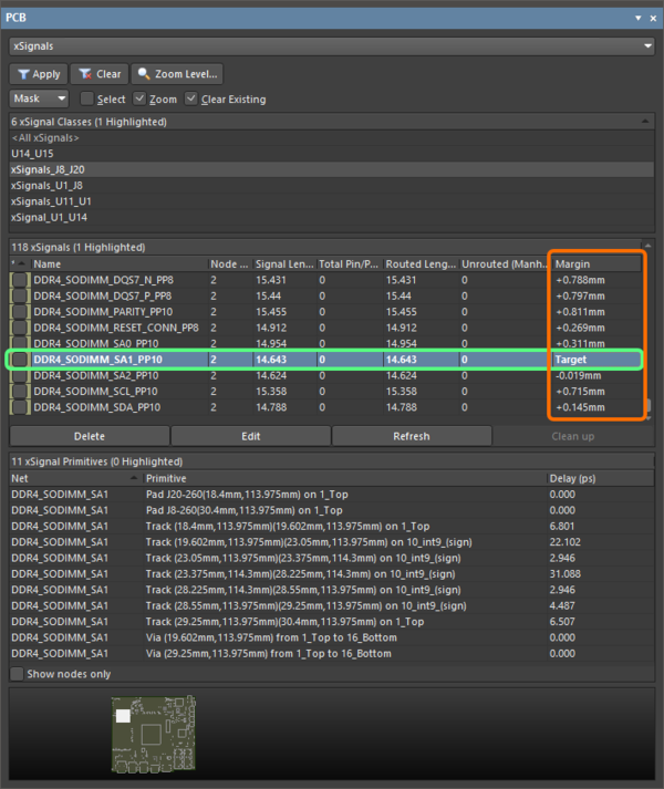 Deviation from the target length is shown in the new Margin column.