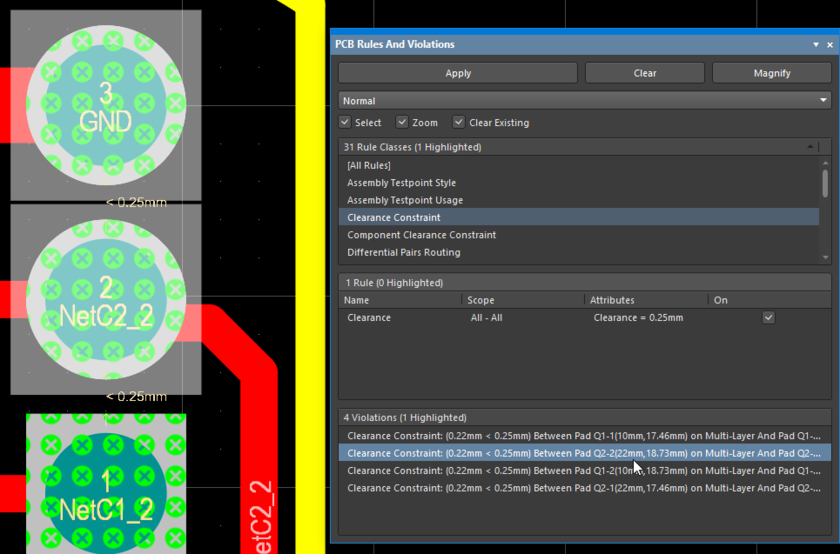 Design Rule Check, examining the Clearance Violation using the PCB Rules And Violations panel
