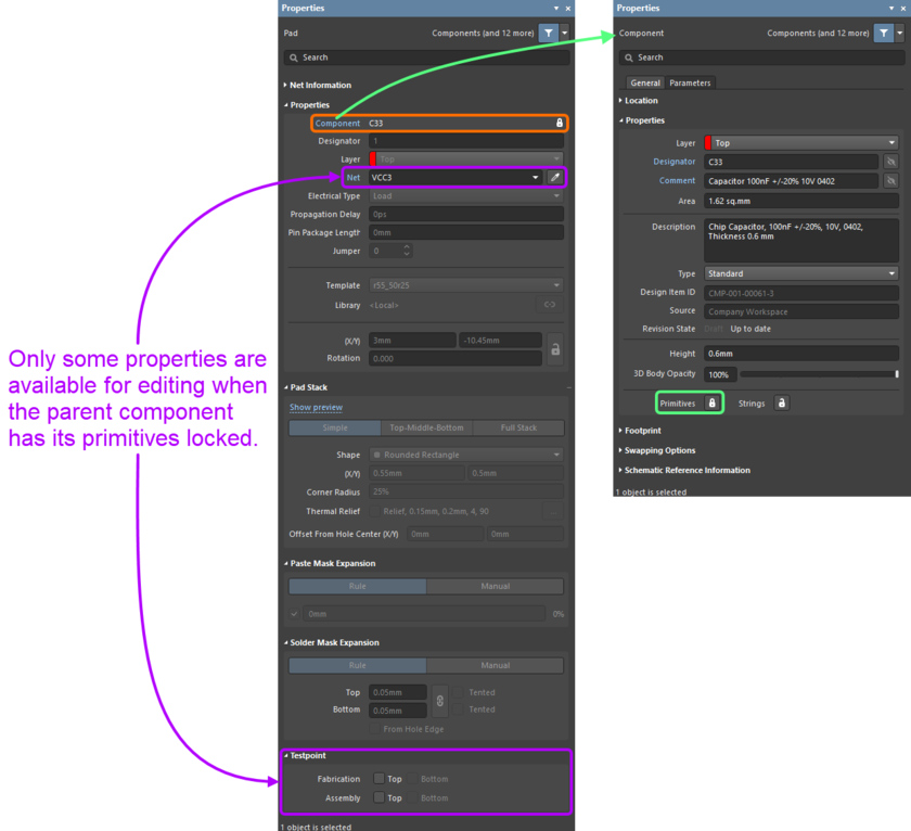 The Pad mode of the Properties panel (on the left) for a pad of a PCB component that has its primitives locked (on the right).