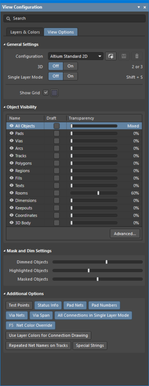 View Configuration panel, View Options tab