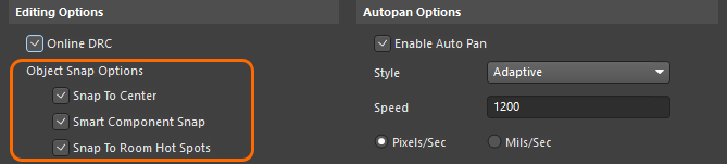 Preferences dialog, configuring the PCB Object Snap options