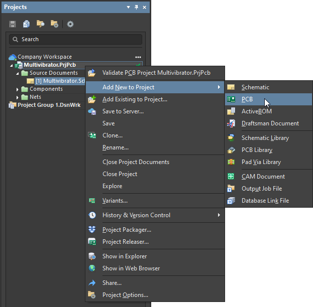 Right-click menu commands to add a new PCB to the project in Altium Designer