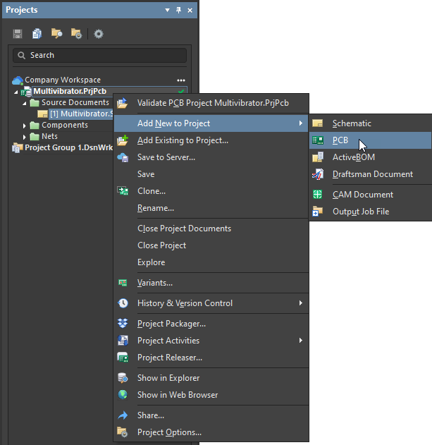 Right-click menu commands to add a new PCB to the project in Altium NEXUS