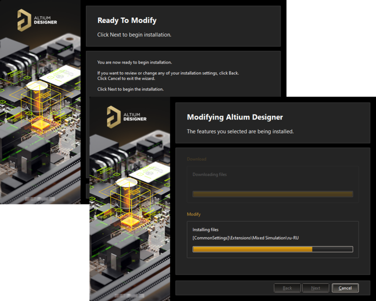 Modification of the installation proceeds by downloading the files required to implement desired changes to the software. Once downloaded, those files will be installed.
