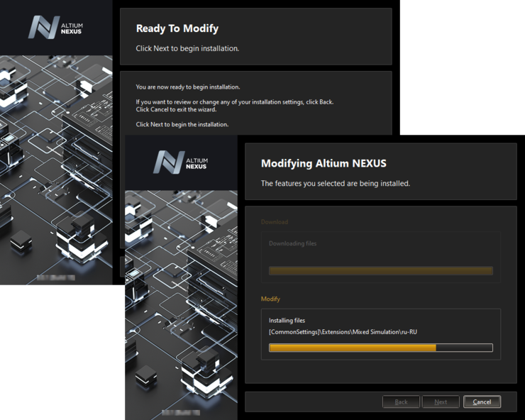 Modification of the installation proceeds by downloading the files required to implement desired changes to the software. Once downloaded, those files will be installed.