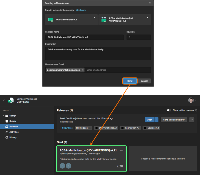 Releases view, a package has been sent