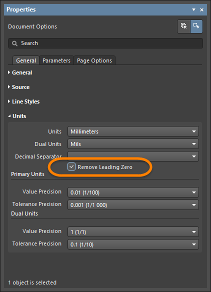 The Remove Leading Zero option on the Document Options mode of the Properties panel