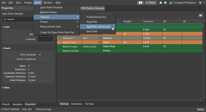 Enable the Advanced Rigid-Flex mode to configure a Rigid-Flex board; either via the Tools menu or by clicking the features button (hover the cursor over the image to show this).