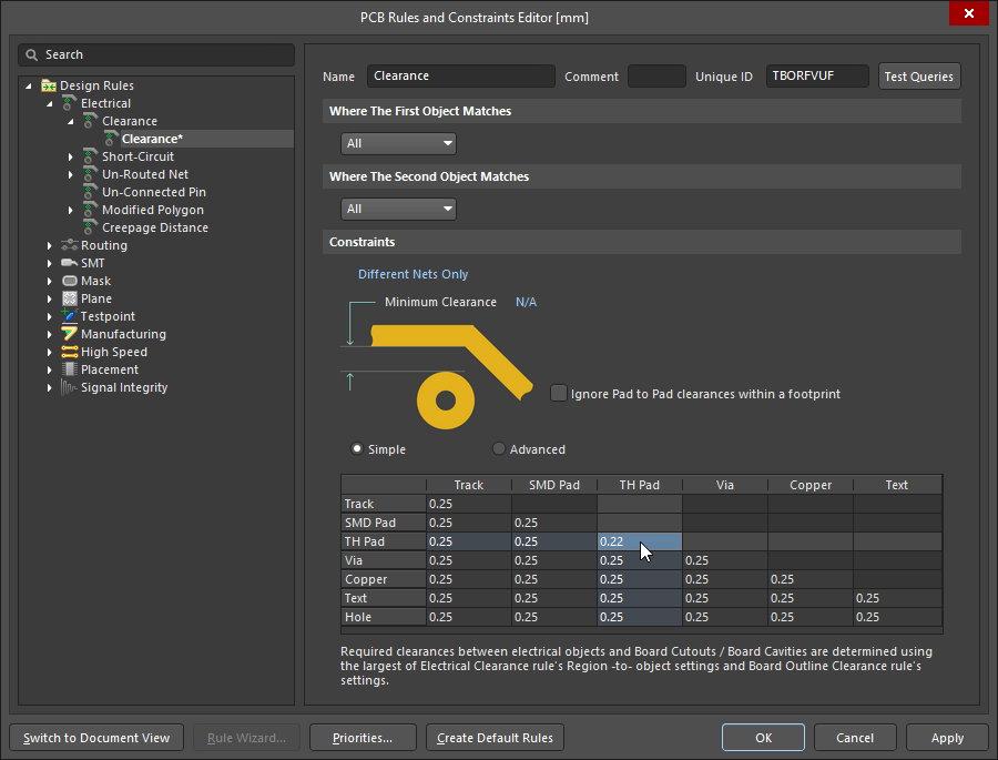 PCB editor, configuring the Electrical Clearance design rule