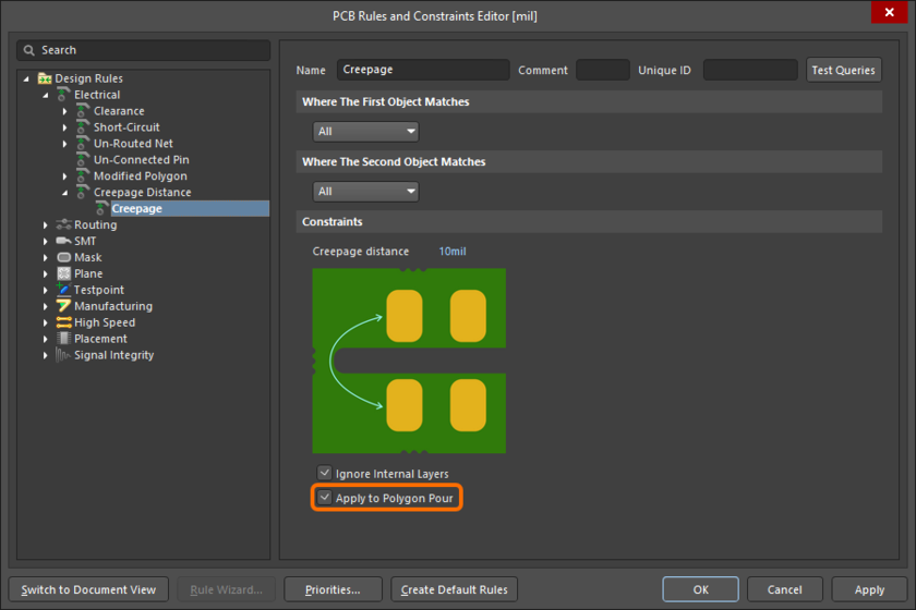 The new Apply to Polygon Pour option of the Creepage Distance rule.