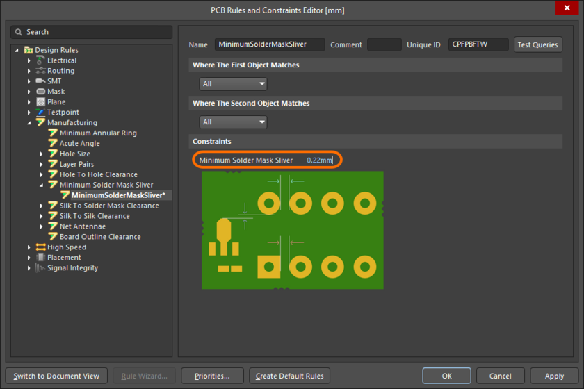 PCB editor, configuring the Minimum Solder Mask Sliver design rule
