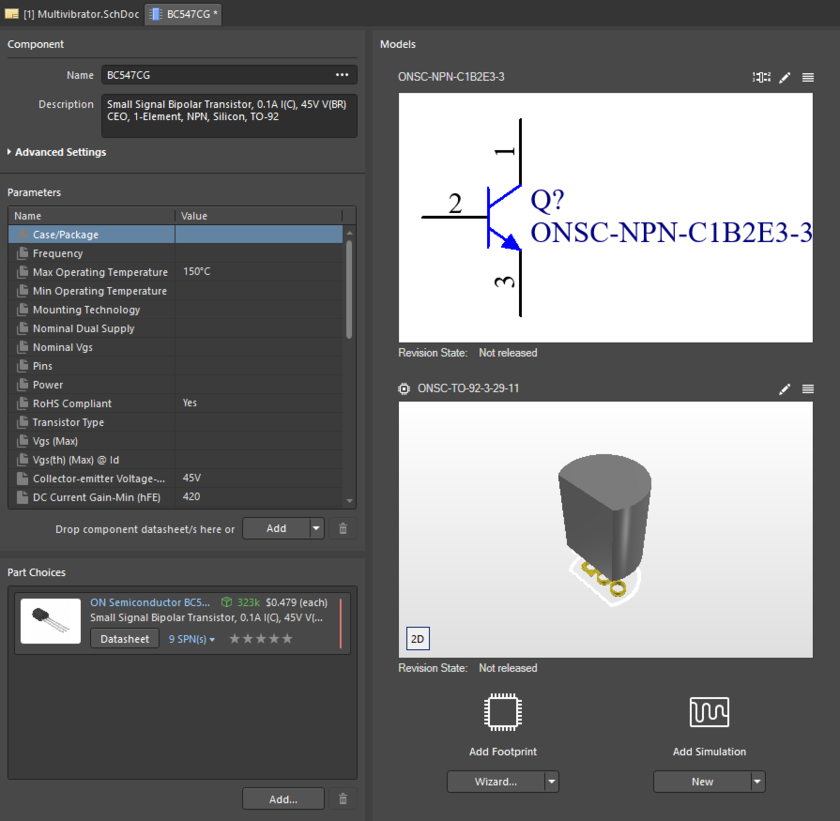 Single Component Editor, with data of transistor being acquired