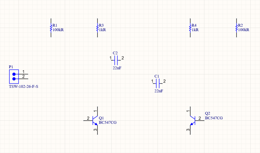 Multivibrator schematic, parts placed