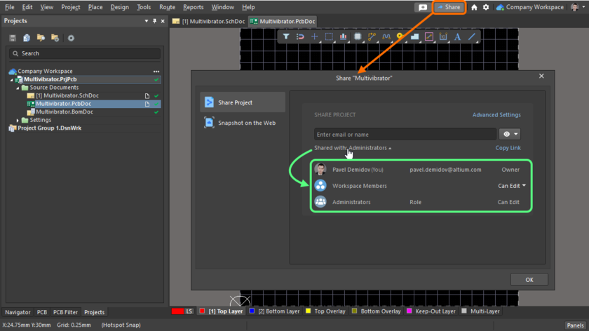 Share dialog, access from Altium Designer