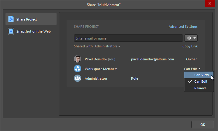 Share dialog, changing permissions for everyone in the team