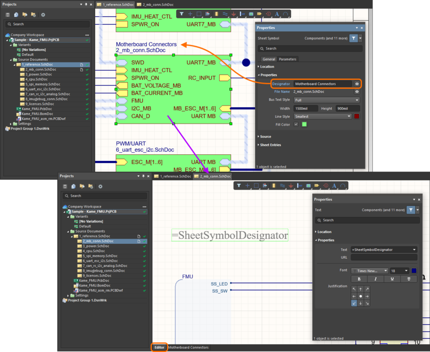 Use the SheetSymbolDesignator special string to show the parent sheet symbol's designator. Hover the cursor over the image to see the special string's converted value on the compiled tab of the sheet.