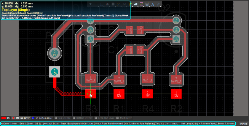 Routing the board with the Clearance Boundaries feature enabled, image also highlights the Status Bar and Heads Up display