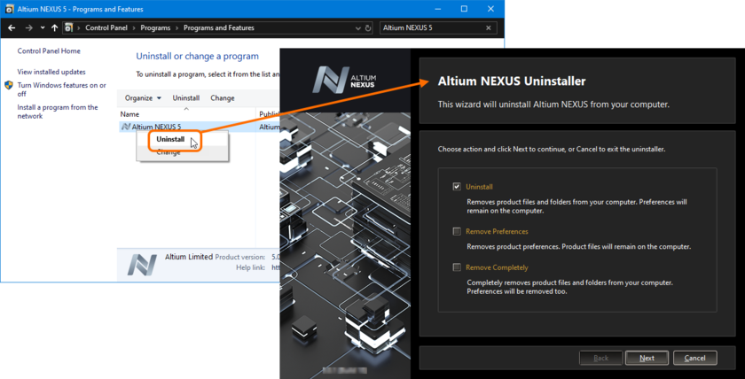 Uninstalling the software is streamlined, courtesy of the Altium NEXUS Uninstaller.