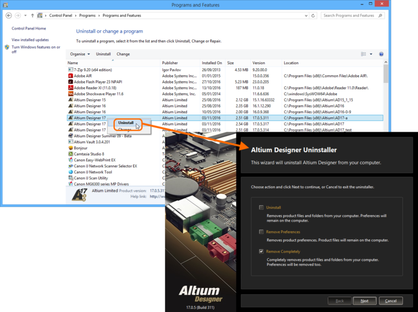 Uninstalling the software is streamlined, courtesy of the Altium Designer Uninstaller.