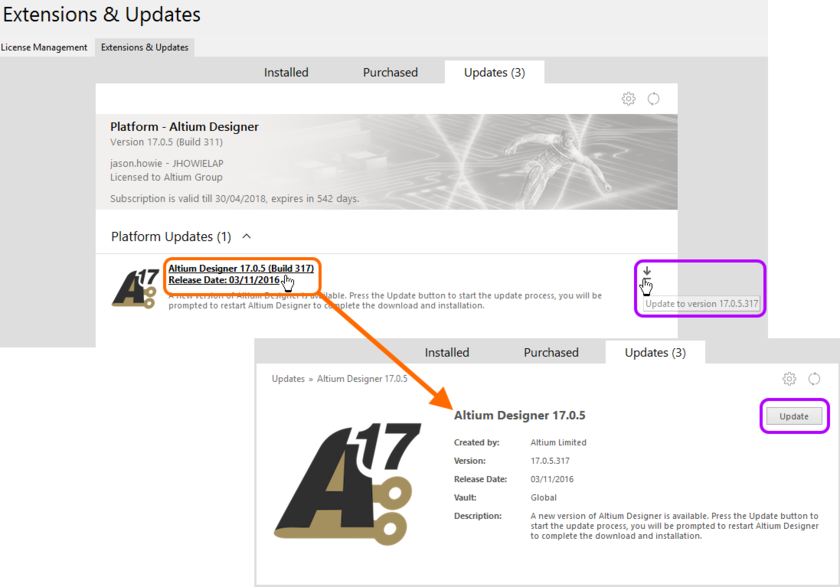 Update to a new version of Altium Designer, directly from within the current version!