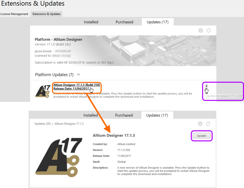 Update to a new version of Altium Designer, directly from within the current version!