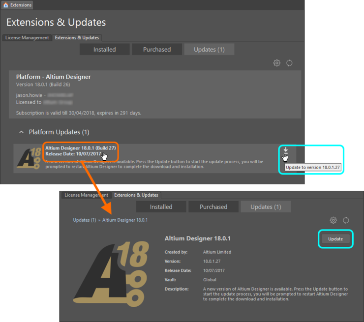 Update to a new version of Altium Designer, directly from within the current version!