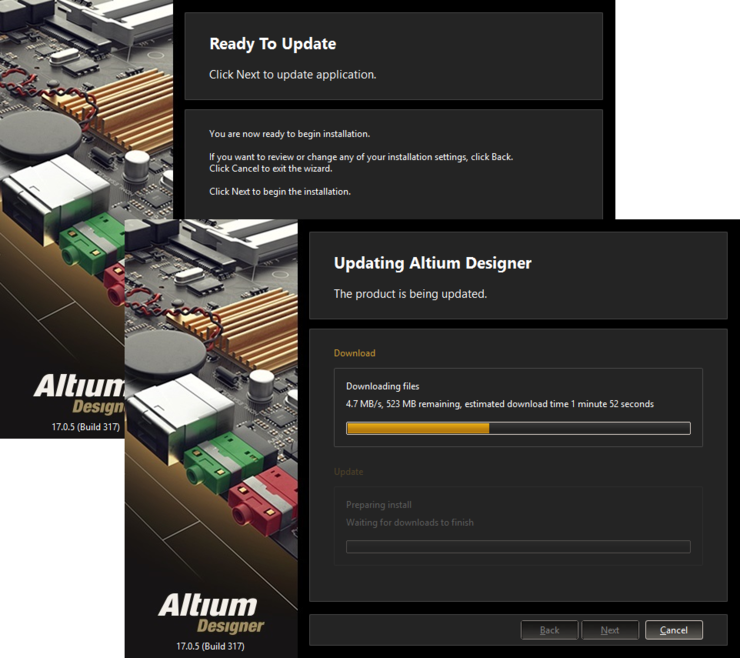 Update of the installation proceeds by downloading the files required to implement required changes to the software. Once downloaded, those files will be installed.