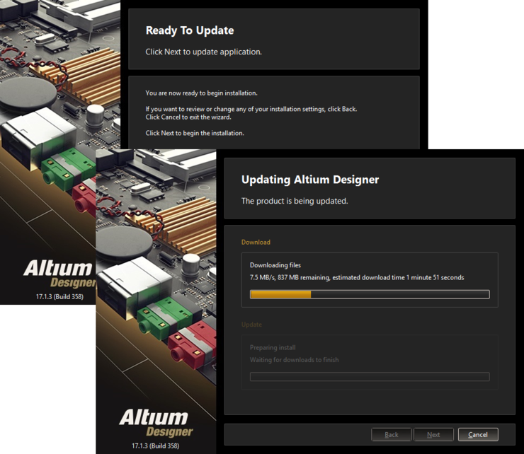 Update of the installation proceeds by downloading the files required to implement required changes to the software. Once downloaded, those files will be installed.