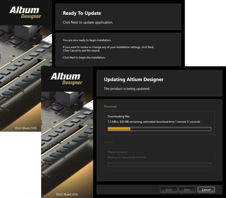 Update of the installation proceeds by downloading the files required to implement required changes to the software. Once downloaded, those files will be installed.