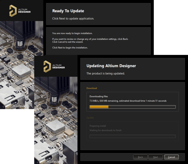 Update of the installation proceeds by downloading the files required to implement required changes to the software. Once downloaded, those files will be installed.