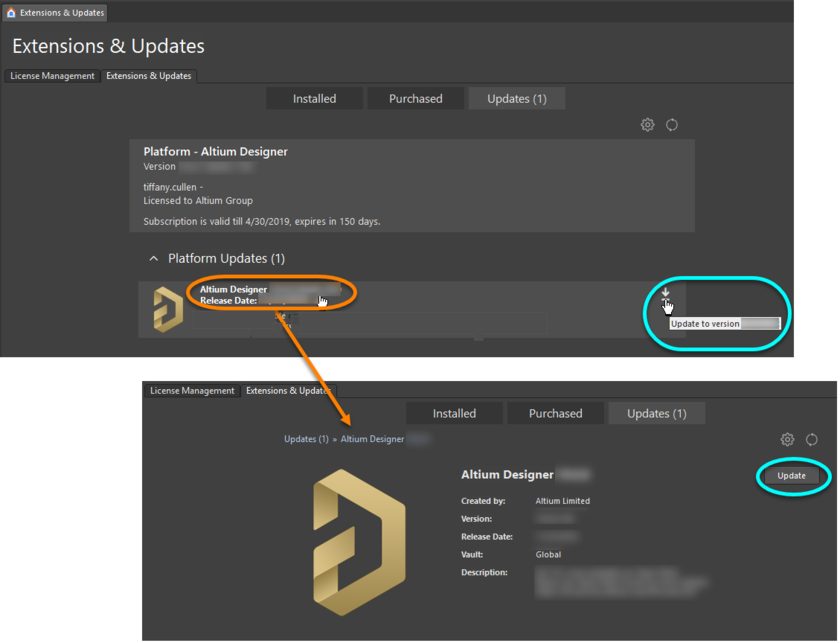 Update to a new version of Altium Designer directly from within the current version.