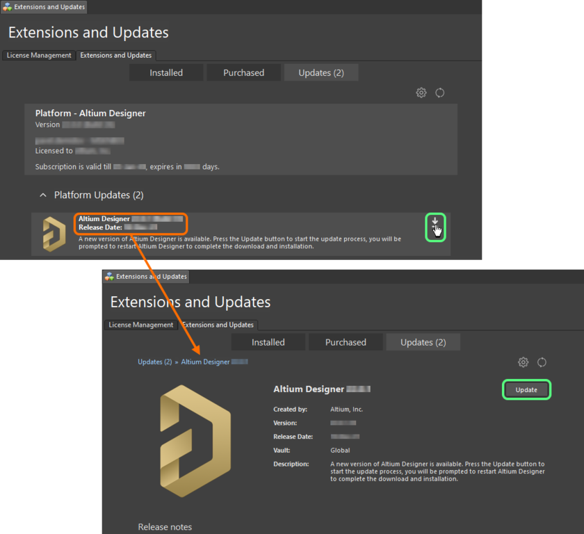Update to a new version of Altium Designer directly from within the current version.