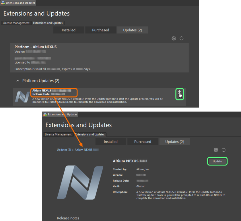 Update to a new version of Altium NEXUS directly from within the current version.