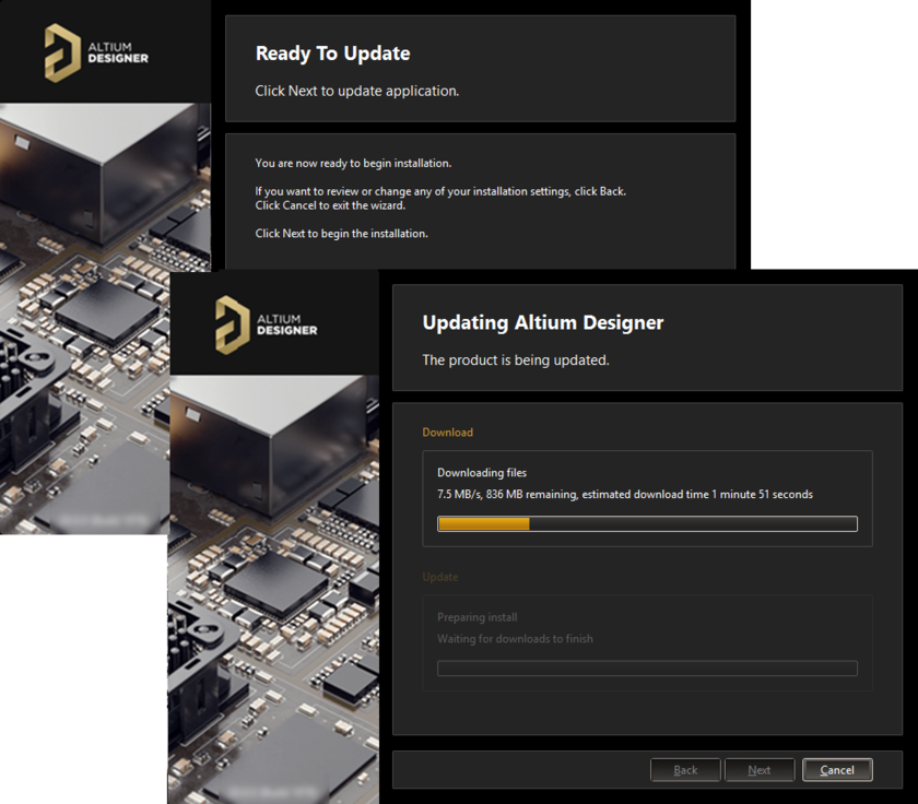 Update of the installation proceeds by downloading the files required to implement required changes to the software. Once downloaded, those files will be installed.