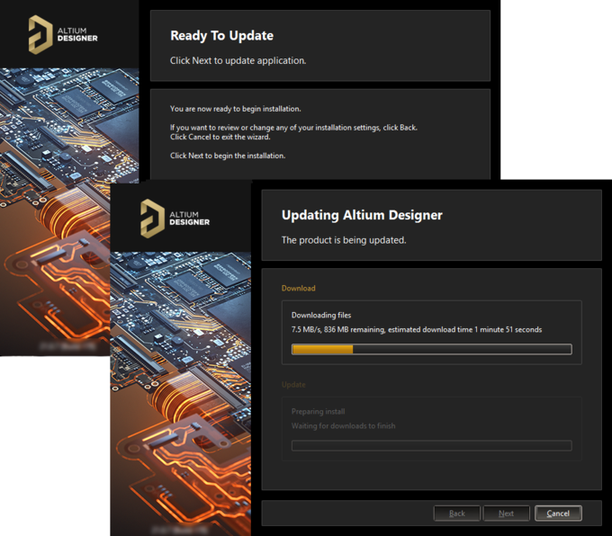 Update of the installation proceeds by downloading the files required to implement required changes to the software. Once downloaded, those files will be installed.
