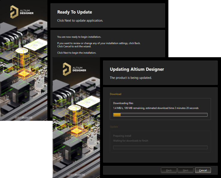 Update of the installation proceeds by downloading the files required to implement required changes to the software. Once downloaded, those files will be installed.