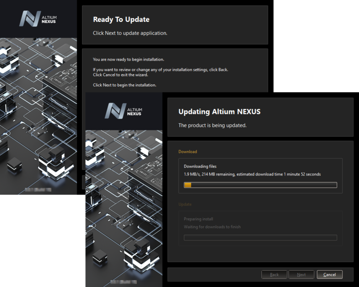Update of the installation proceeds by downloading the files required to implement required changes to the software. Once downloaded, those files will be installed.